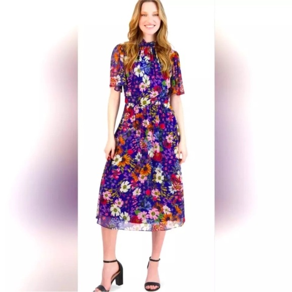 Julia Jordan Floral mock neck flutter sleeve A-Line dress 12 NWT - Picture 1 of 5